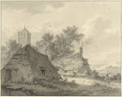 Landskab med to gårde og et kirketårn af Pieter Pietersz. Barbiers
