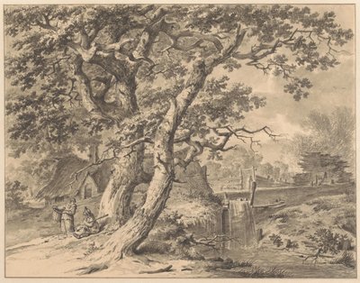 Landskab med et vandfald under to store træer af Pieter Pietersz. Barbiers
