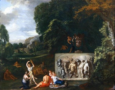 Et klassisk landskab med jomfruer, der danser ved en sarkofag, der skildrer Silenus