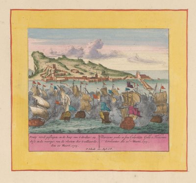 Søslaget ved Gibraltar, 1705 Ponty bliver slået, i Gibraltars havn (sie dese foran) af de allieredes flåder, den 20 Meert, 1705 (titel på objektet) Krigens teater, begyndelsen af ​​kong Charles II. Vi ses på Kong Karel den af Pieter Schenk (I)