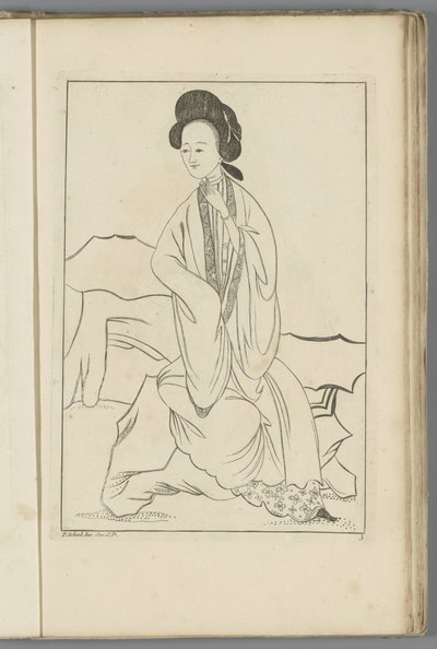 Kinesisk kvinde med højre hånd i ærmet på sin kimono Kinesiske kvinder, blomster og fugle (serietitel) af Pieter Schenk (II) (possibly)