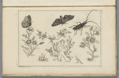 Tre blomstergrene med fugle, sommerfugle og et insekt Kinesiske blomster og insekter (serietitel) af Pieter Schenk (II)