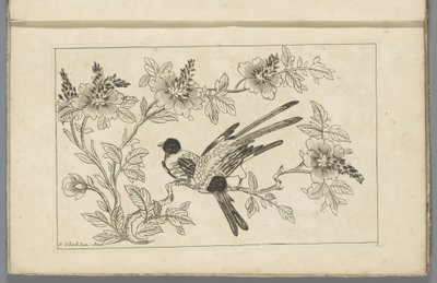 To fugle på en blomstrende gren Kinesiske blomster og fugle (serietitel) af Pieter Schenk (II)