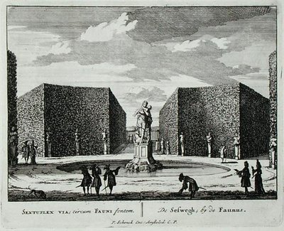 Sekskantet hæk ved en faunfontæne, fra "Admirandorum Quadruplex Spectaculum", af Jan van Call (1656-1703), udgivet før 1715 (stik) af Pieter Schenk