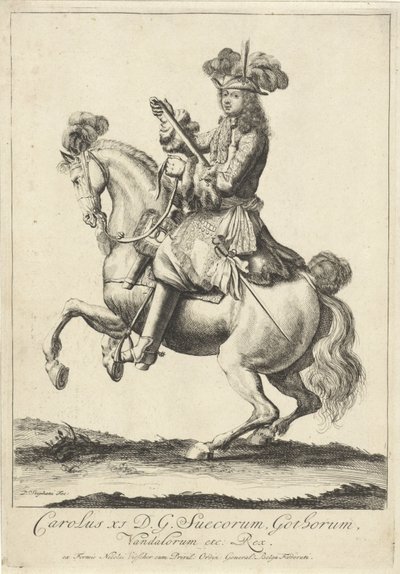 Ridesportræt af kong Karl XI af Sverige af Pieter Stevens (vermeld in 1689)