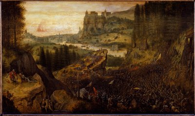 Slag mellem filister og israelitter: Saul og hans væbner bliver kastet på deres sværd. (maleri af Pieter Bruegel the Elder