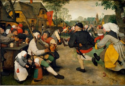 Bondedans En mand spiller sækkepibe sammen med en alkoholiker. Bag dem med flaget er et bordel, mens landsbybeboerne danser og har det sjovt. Maleri af Pieter Bruegel kaldet den ældste (eller Pierre Breugel eller Peter Brueghel eller Breughel af Pieter Bruegel the Elder