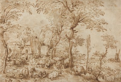 Bønder og kvæg nær et bondehus, ca. 1553-54 (pen og brunt blæk på papir) af Pieter Bruegel the Elder