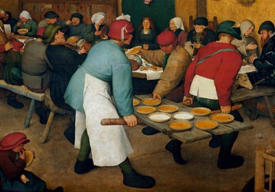 Bryllupsrejsedetaljen. Tallerkener på en bakke. Maleri af Pieter Bruegel (eller Bruegel eller Brueghel eller Brueghel) sagde den tidligere (1525-1569) af Pieter Bruegel the Elder