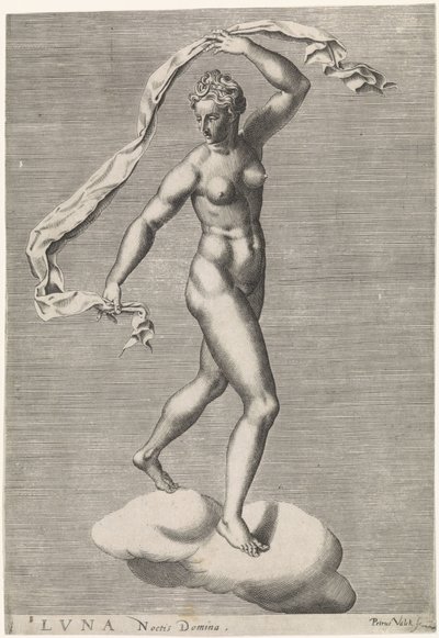 Diana som Luna på en sky Luna Noctis Domina (titel på objekt) De syv planeter (titel på objekt) af Pieter Valck