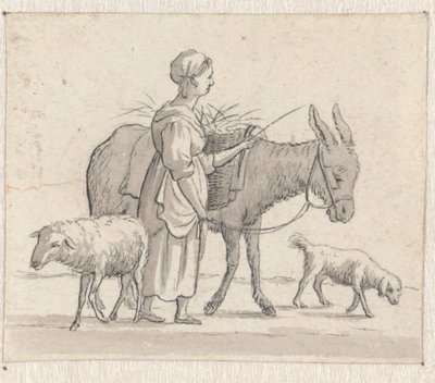 Kvinde med æsel, får og hund af Pieter de Goeje