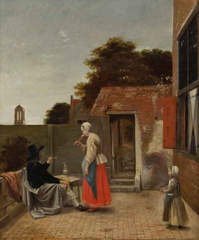 En mand, der ryger og en kvinde, der drikker i en gårdhave, ca. 1658-60 af Pieter de Hooch