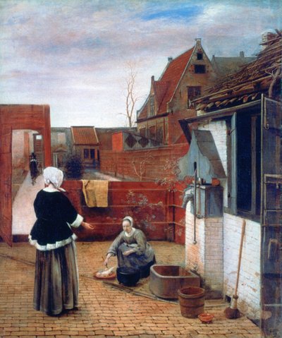 En kvinde og en tjenestepige i en gårdhave, c1660-1661 af Pieter de Hooch