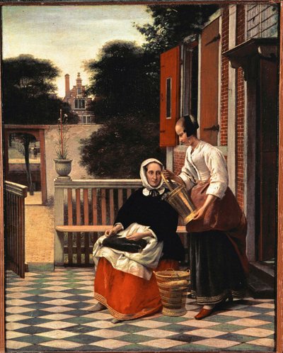 En dame og hendes tjener (maleri på lærred) af Pieter de Hooch