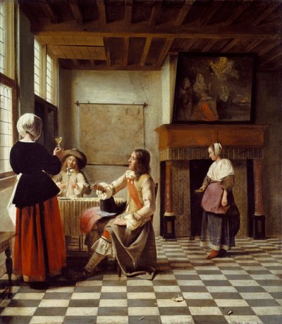 Et interiør, med en kvinde, der drikker med to mænd, og en tjenestepige af Pieter de Hooch