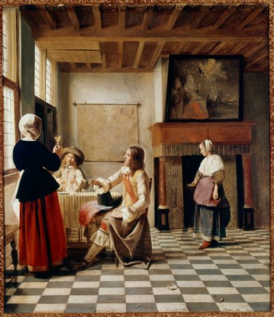 hollandsk interiør. En kvinde drikker med to tiltalende mænd (olie på lærred, ca. 1658) af Pieter de Hooch