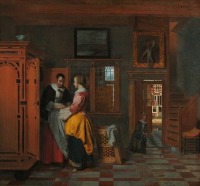 Interiør med kvinder ved siden af et linnedskab af Pieter de Hooch