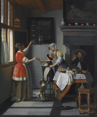 Interiør med et barn, der fodrer en papegøje af Hooch, Pieter, de af Pieter de Hooch