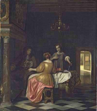 Interiør med en gentleman og to damer i samtale, ca. 1668-70 (olie på lærred) af Pieter de Hooch