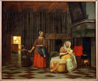 Interiør med mor, der fodrer sit barn, og en tjenestepige (olie på lærred) af Pieter de Hooch