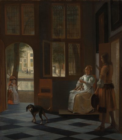 Mand rækker et brev til en kvinde i entréen til et hus af Pieter de Hooch