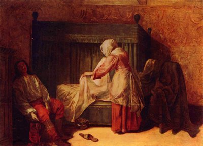 En soldat trækker i en støvle, og en kvinde reder en seng af Pieter de Hooch