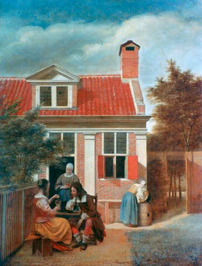 Tre kvinder og en mand i en gårdhave bag et hus, c1657-1659 af Pieter de Hooch