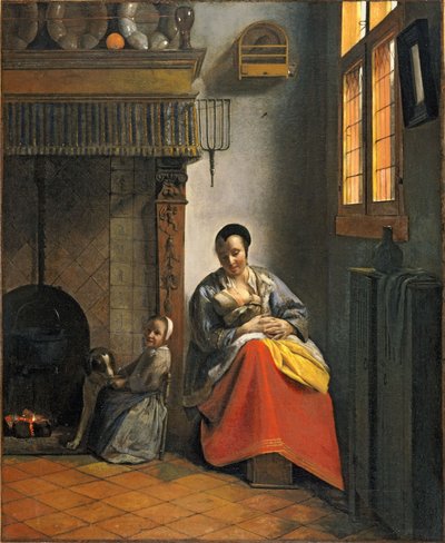 Kvinde, der ammer et spædbarn, med et barn og en hund af Pieter de Hooch