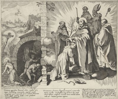 Catharina budd / Visioen van Catharina / Catharina wordt Dominicanes Scènes uit het leven en wonderen van de Heilige Catharina van Siena (serietitel) Life, Death, and Selected Miracles of B. Catherine the Elder (...) (serietitel) af Pieter de Jode (I)