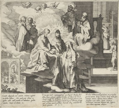 Catherine dukker op / Catherines bryllup / Catherine deler sin kappe Scener fra Saint Catherine of Sienas liv og mirakler (serietitel) Vita mors gesta, et miracula quaedam selecta B. CATHERINAE SENENSIS (...) (serietitel) af Pieter de Jode (I)