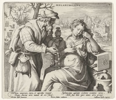 Det melankolske temperament Melancholicvs (titel på objekt) De fire temperamenter (serietitel) af Pieter de Jode (I)
