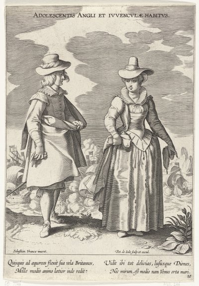 Paar, klædt i henhold til engelsk mode, ca. 1610 Teenagers engelske og engelske vaner (titel på objekt) Kostuums uit verschiedelden landen (serietitel) Ornaments of Various Nations (serietitel) af Pieter de Jode (I)