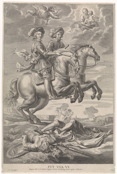 Ferdinand af Østrig med Ferdinand, konge af Bøhmen og Ungarn, til hest ved sejren ved Nördlingen Kardinal-Spædbarnets glædelige indtræden i Gent, 1635 (serietitel) af Pieter de Jode (II)