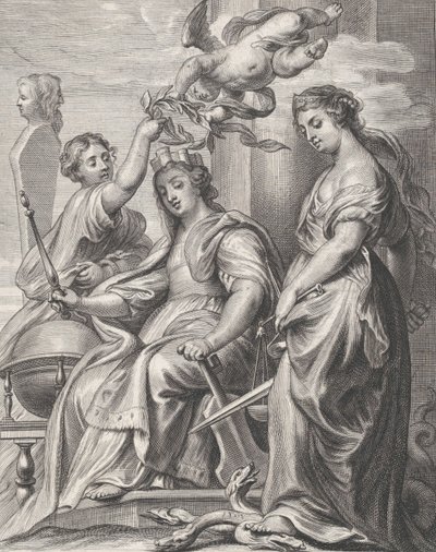 Allegory of Good Government, siddende i midten og kronet af en putto og en wo..., ca. 1640-74. af Pieter de Jode II