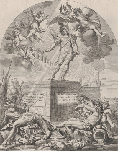 Plade 1: Ferdinand som Mars, stående på en piedestal, fra William Becanus 