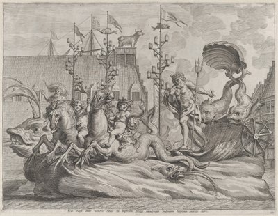 Plade 35: Filip af Spanien som Neptun, ridende i en vogn trukket af to søheste, fra Gu..., 1636. af Pieter de Jode II
