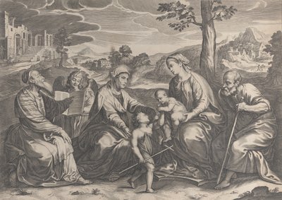 Den hellige familie til højre, med spædbarnet Sankt Johannes Døberen, Elizabeth, Zacharias,..., 1631-37. af Pieter de Jode II