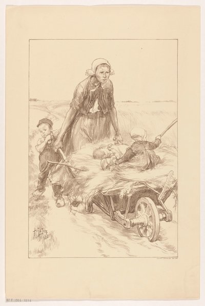 Landmandskvinde skubber en trillebør med hø og to børn af Pieter de Josselin