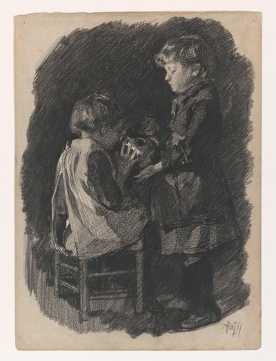 En lille pige får en søster til at drikke mælk fra en kande af Pieter de Josselin