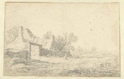 Klitlandskab med tre figurer foran en gård af Pieter de Neyn