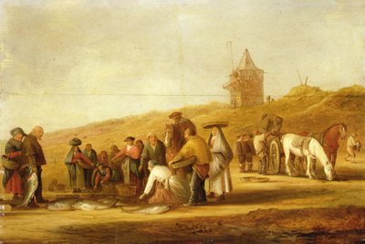 Fiskere sælger deres fangst på stranden (olie på lærred) af Pieter de Neyn