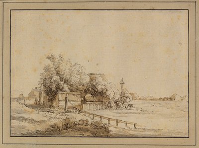 Figurer uden for en kro, landbrugsbygninger og stangen på et svaleslag, uden for Amsterdam af Pieter de With