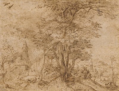 En landsby med en gruppe træer og et muldyr, ca. 1552-54 af Pieter Bruegel the Elder