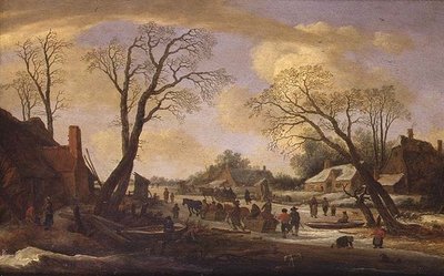 Et vinterflodlandskab med bønder og hestetrukne slæder af Pieter the Elder Molyn