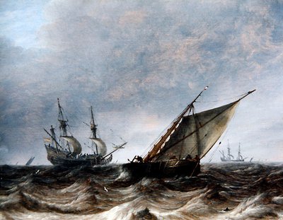 En Smalschip og en Man-of-War i uroligt hav (olie på panel) af Pieter the Elder Mulier