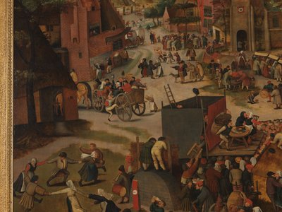 En landsbyfestival med en teaterforestilling og en procession til ære for St. Hubert og St. Anthony af Pieter Brueghel the Younger