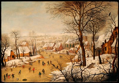 Et vinterlandskab med skatere og en fuglefælde af Pieter Brueghel the Younger