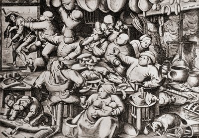 Tigger bliver smidt ud af en rig mands køkken, i det 16. århundrede (gravering) af Pieter the Younger Brueghel