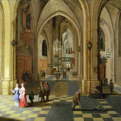 Det indre af en gotisk katedral med to kvinder i samtale af Pieter the Younger Neeffs