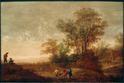 Flodlandskab med et jagtselskab af Pieter van Asch